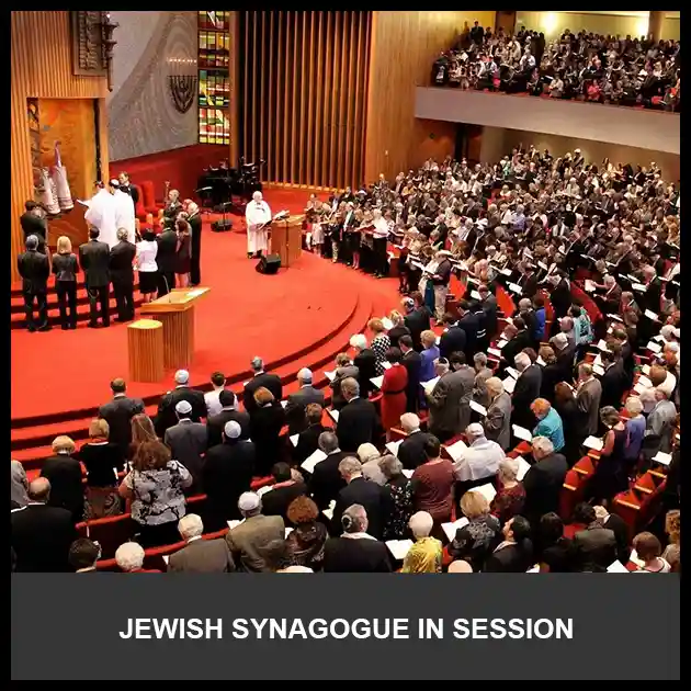 Inside image of Jewish synagogue in session