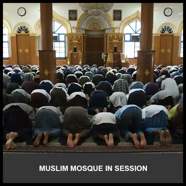 Inside image of Muslim mosque in session